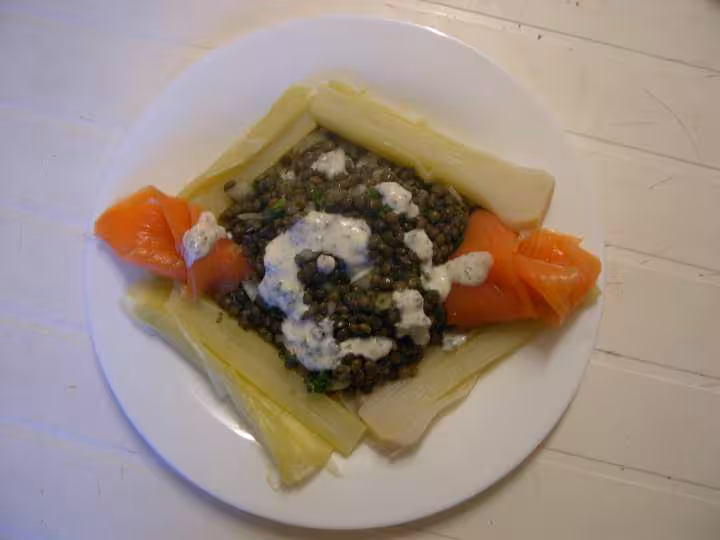 Salade lentilles truite fumee