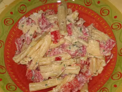 Salade de pâtes au salami, Beaufort, poivrons