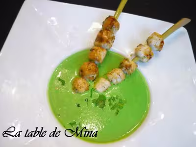 Thermomix:Crème petits pois, brochettes de St-Jacques par mamina1313
