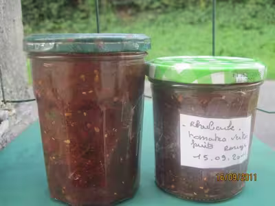 Confiture de rhubarbe,tomates vertes,fruits rouges