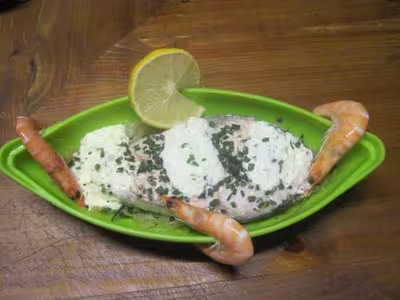 Papillote de saumon, p d t, crème, ciboulette