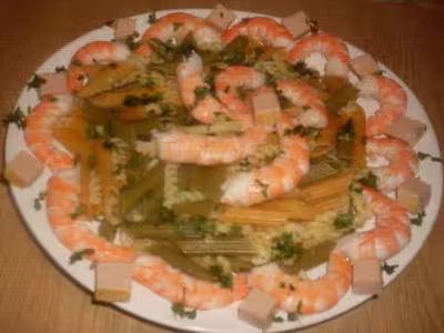 Pâtes aux gambas et pâté de foie gras