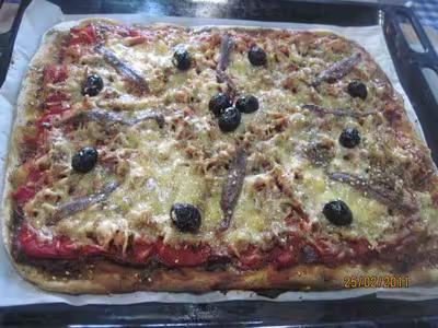 Pizza aux poivrons,thon,anchois et gruyère râpé