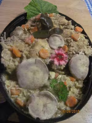 Poulet au riz, carottes à la moutarde et massalé