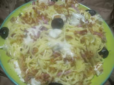 Spaghettis à la torta et lardons fumés