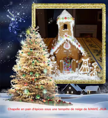 Chapelle en pain d'épices sous une tempête de neige