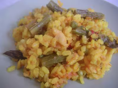 Riz à la morue et aux asperges verts frais