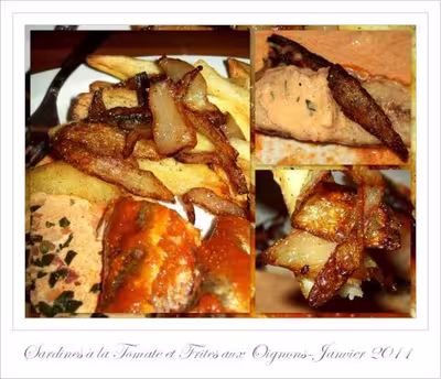 Sardines à la tomate et frites aux oignons