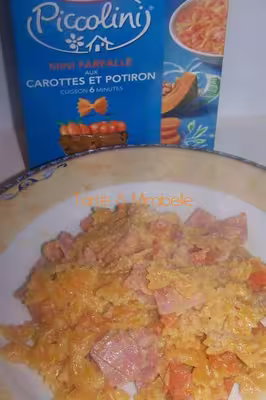 Farfalles aux carottes, potiron et jambon